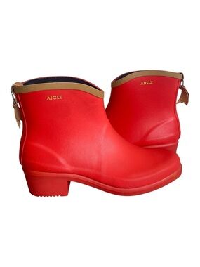 Aigle Miss Juliette Bottillon Red Rain Boots Heeled Ankle Booties Sz 10